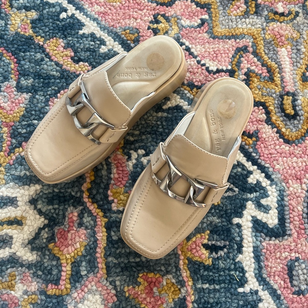 Rag & Bone Cream Mules with Silver Chain